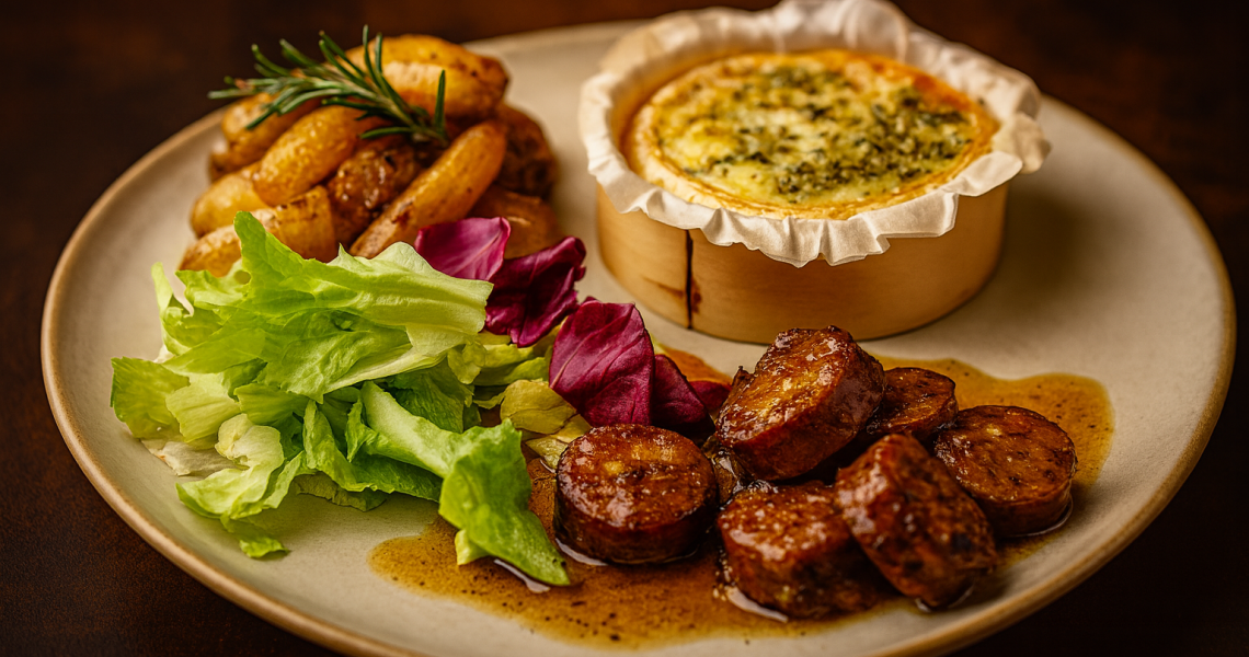 Camembert r&ocirc;ti, saucisse fum&eacute;e et pommes grenailles