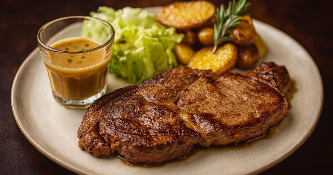 Pi&egrave;ce du boucher, sauce au poivre vert ou st Marcellin, pommes grenailles 