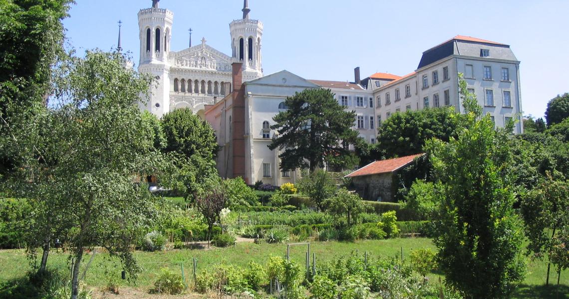 Des jardins à Fourvière, la basilique au fond